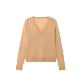 Women's Merino Wool Sweater Casual Lightweight V Neck Raglan Sleeve Knit Top Loose Pullover_Camel_Medium