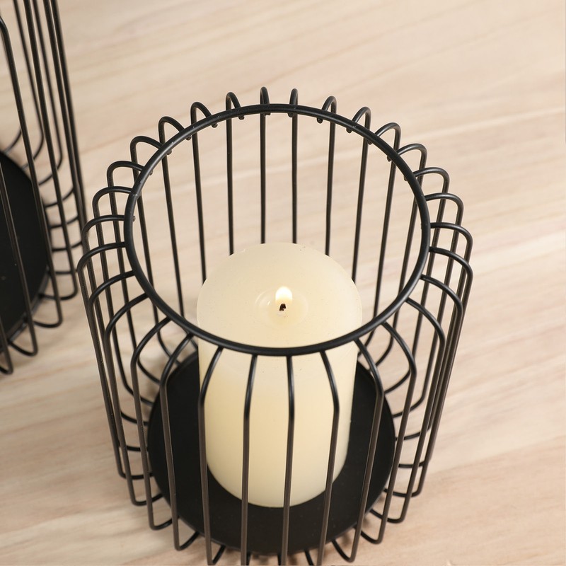 Cage Candleholder Set Matte Black Metal Cylinder Modern Simple Bird