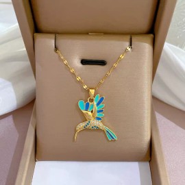 Women's Fashion Jewelry Gold Cubic Zircon Blue Hummingbird Pendant Necklace 449