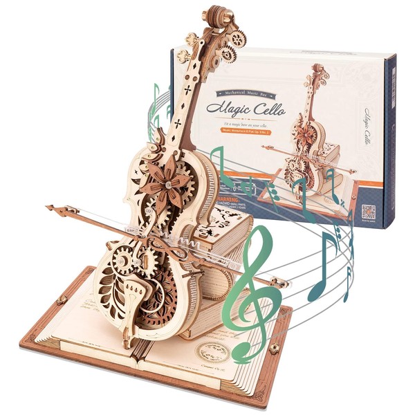 RoWood Puzzle 3D Violoncelle Magique Boîte à Musique en Bois Entraînement par Engrenage, Cadeau Maquette en Bois a Construire pour Adultes Enfants