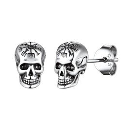 Suplight 925 Sterling Silver Campass Skull Earrings, Edgy Punk Goth Holloween Skeleton Skull Stud Earrings for Men Women