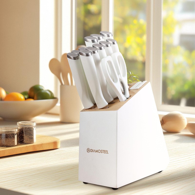 Diamosteel White Knife Set, 13 Pieces Knife Block Set with
