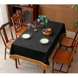 F-CHU Luxury Black Tablecloth Thickset Velvet Tablecloth with Beautiful Gold Tassels Table Cloth for Home Decor Wedding, Party, Banquet and Events 60x70-Inch