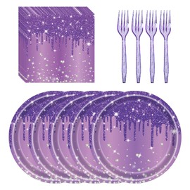 72 Pcs Purple Glitter Paper Plates 7in Disposable Paper Dessert Plates Napkins and Forks Party Tableware Set Happy Birthday Table Decorations for 24 Guests Purple Birthday Party Wedding Theme Party