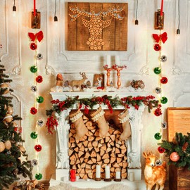 Pinkunn 2 Set Christmas Porch Decorations Christmas Ornament Ball Garlands with Red Bow LED Lights Multicolored Xmas Light Bulbs for Front Door Xmas Tree Wreath Window Wall Garden Indoor Outdoor Decor