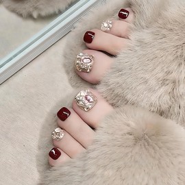 [NEURAD]ネイルチップ 足用 赤 24枚入 フットネイル フットネイルチップ 足用ネイルチップ マグネット 夏 付け爪 猫目石 可愛い 人気 シンプル