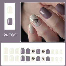 Fall Press on Nails Short Square Fake Nails Gray Maple Leaf Design Gel Glue on Nails Glitter False Nails Gray-Purple White Full Cover Acrylic Stick on Nail for Women Autumn Nail Decorations