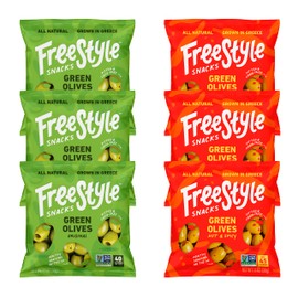 Freestyle Snacks Olive Snack Packs - Single Serve - Fresh Pitted Green Olives, Jumbo-Sized, Grown in Greece, All Natural, Non-GMO, Paleo, Sugar-Free, Keto, Salty Snack - Variety, 1.1oz (6 Pack)