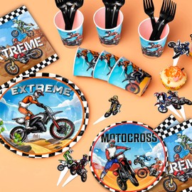 Dirt Bike Birthday Decoration, 98 Pieces Motorcycle Party Decoration, Dirt Bike Party Decoration, Banner, Balloons, Plates, Cups, Napkin, Tablecloth, etc. Motocross Birthday Supplies