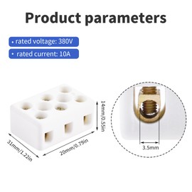 Skweawert 2Pcs 3 Way 8 Hole 3.5mm 10A 380V Ceramics Terminal Blocks 3W8H High Temperature Resistance Porcelain Ceramic Connectors 31x20x14mm for Electrical Wire Cable
