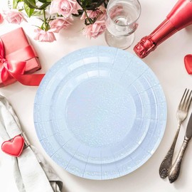 FALIZIFU 50 Pcs Iridescent Light Blue Paper Plates 25 × 7'' and 25 × 9'' Disposable Blue Shiny Holographic Foil Dinner Plates for Wedding Baby Shower Birthday Disco Party Glitter Dessert Plate