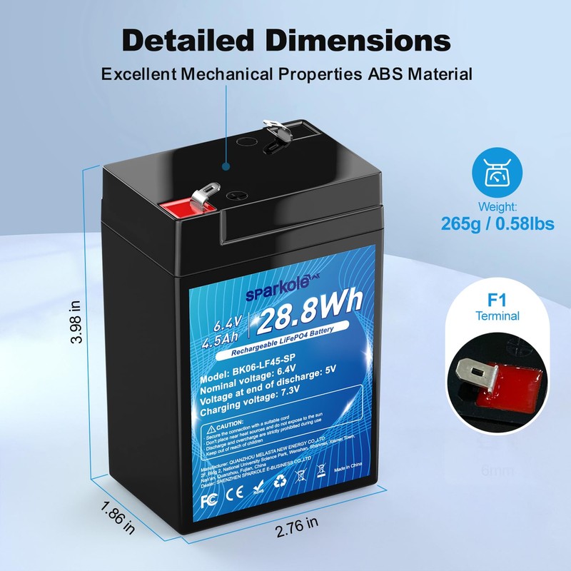 6V 4.5Ah LiFePO4 Battery, Intelligent BMS Rechargeable Lithium Iron Phosphate