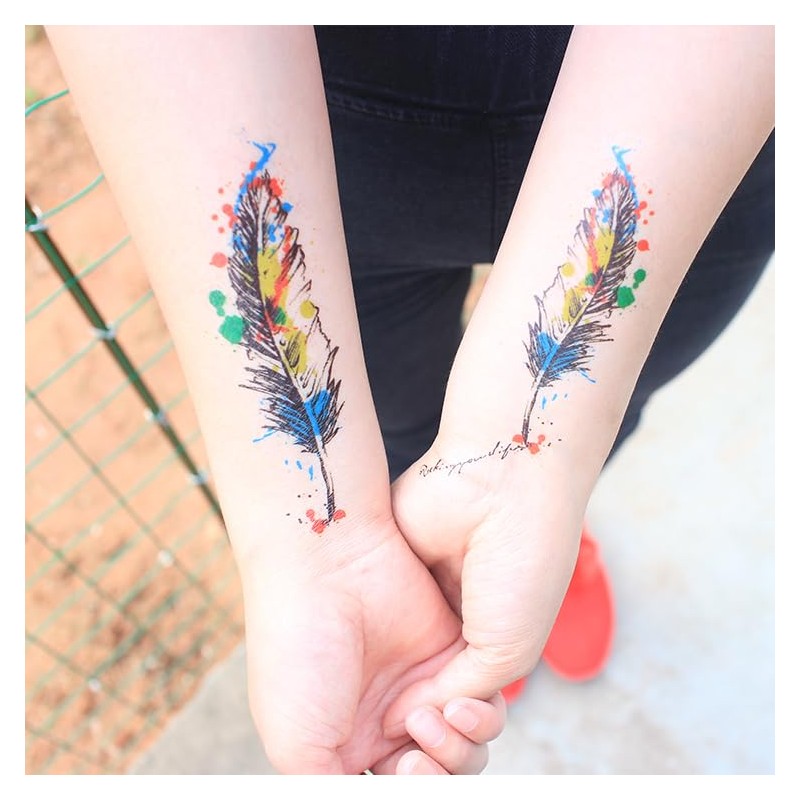 Oottati 6 Sheets Temporary Tattoo Stickers Colorful Blue Feather Dream