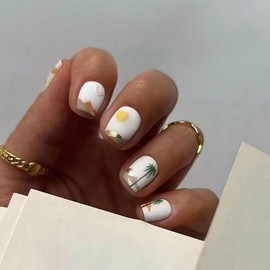 Vezocim Press on Nails Square Short Length 24Pcs Matte Full Cover Artificial White Fake Nails with Coconut Palm Sunset Designs Acrylic Short Coffin False Nails Glue on Fingernails for Women