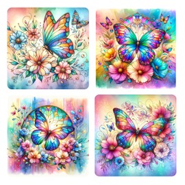 4 Piece 6"x6" Colorful Butterflies 100% Cotton Fabric Panel Squares | Quilting Sewing Blocks MP107