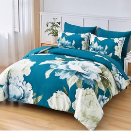 Dobuyly Teal Comforter Set King 7 Piece Bed in a Bag, Teal Blue Floral Printed Comforter Set with Sheets, Soft Microfiber Botanical Complete Bedding Set for All Season