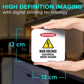 1 x Square Jumbo Size Coaster 12cm Danger High Voltage Signs Cork Backed MDF Glossy Tea Coffee Accessory #57297