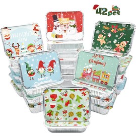 42Pcs Christmas Tin Foil Containers with Lid, Rectangular Foil Treat Containers Disposable Aluminum Foil Pans Foil Leftover Food Storage Cookie Tins for Christmas Party Baking Cooking Roasting