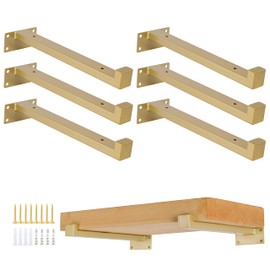 EZYDECOR 6Pcs Floating Shelves Brackets Heavy Duty Wooden Shelf Brackets 8inch Decorative Wall Shelf Brackets & Supports with Lip (Gold) 8"