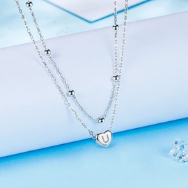 REIOT Initial Pendant Necklace for Women, 925 Sterling Silver Layered Double Chain Necklace, Christmas Mother's Day Birthday Jewelry Gift (U)