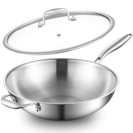 DELARLO Tri-Ply Stainless Steel Wok, 12 Inch Healthy Non-Toxic Cooking Wok Pan with Lid, With Side Ear, Wide & Deep Cookware Stir-Fry Pans, Dishwasher and Oven Safe Up To 600°F, Works on Induction