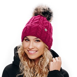 ELIMELI® 15568 Women's Winter Hat, Warm Knitted Hat with Bobble, Slouch Knitted Beanie, Bobble Hat, Made in the EU, Choice of Colours, fuchsia