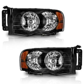 WEELMOTO Headlight for 02-05 Dodge Ram 1500 Pickup Headlamp for 03-05 Dodge Ram 2500/3500 Pickup Pair Black Housing Amber Reflector Left+Right Side