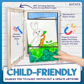 KOTNYX LED Light Kids Artwork Frame - Front Opening Kids Art Display Picture Frame, Holds 100 Pictures, MDF & Shatter-Resistant Glass, Standing Frame/Wall Hanging,13.3x10, Mat 11.6x8.3 - Wood