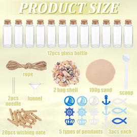 WEBEEDY 12 Sets Ocean Glass Bottle Kit Nautical Message in a Bottle Kit Mini Glass Jar with Cork,Tiny Bottles with Nautical Charms, Wishing Paper, Shell, Sand for Christmas Party Beach Hanging Decor