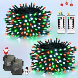 JMEXSUSS Red White and Green Christmas Lights, 2 Pack 100 LED Battery Operated Christmas Tree Lights Outdoor, Each 33 FT Battery Powered String Light for Outside Indoor Garden Porch Yard Tree Decor