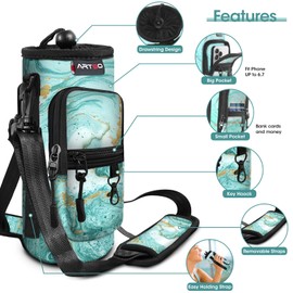 ARTSO Water Bottle Carrier Bag Sling Holder Pouch, 25oz 32oz 40oz 64oz Insulated Water Bottle Sleeve Case Cover with Adjustable Shoulder Hand Strap Pocket for Men Women (40oz, Teal Turqoise Marble)