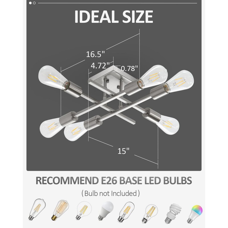 Eidonta 6-Light Semi Flush Mount Ceiling Light Fixture, Modern Brushed