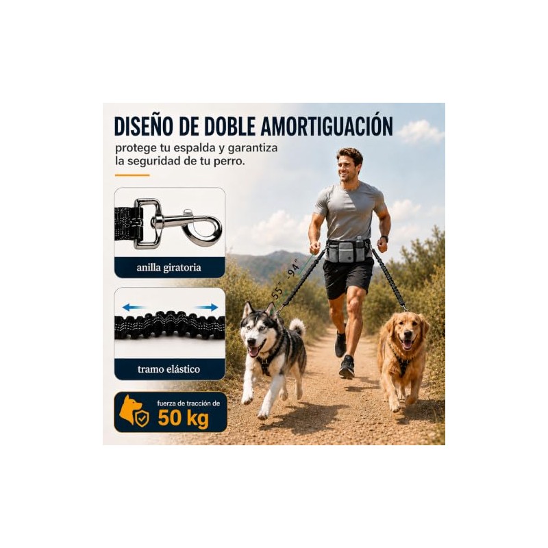 Correa Manos Libres para 2 Perros, Reflectante Correa de Perros，Cierre