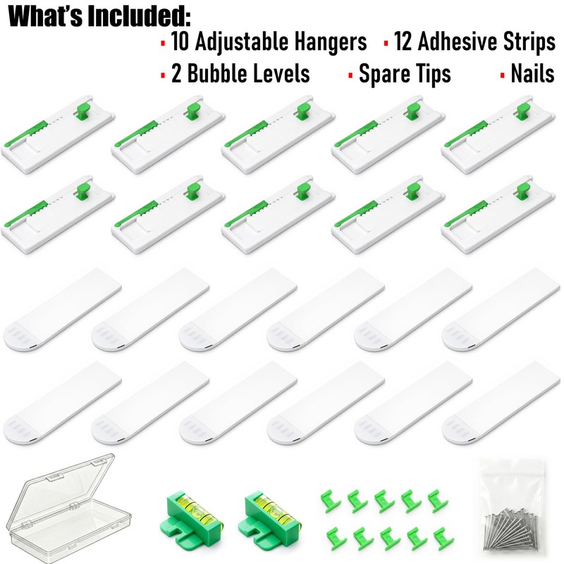 Damage Free Picture Hangers, No-Drill Adjustable Wall Hooks with Bubble