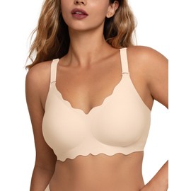 COMFELIE Wireless Seamless Bra for Women Full Coverage No Underwire Deep V Neck with Removable Straps Beige M