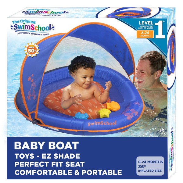 SwimSchool Deluxe Baby Float with Adjustable Canopy - 6-24 Months - Baby Swim Float with Splash & Play Activity Center Safety Seat - Blue/Orange