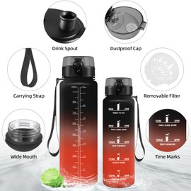 Water Bottle, 1 Litre, Sports Water Bottle with Time Marking, with Filter, Leak-proof Drinking Bottle, BPA-Free, Water Bottle for Sports, Fitness, Yoga, School, Office