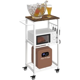 Kitchen Microwave Stand Cart with Storage Rack | 3-Tier Rolling Kitchen Side Table on Wheels with 8 Hooks, Utility Small Coffee Shelf Organizer for Living Room, Bedroom, Bathroom, Office, White