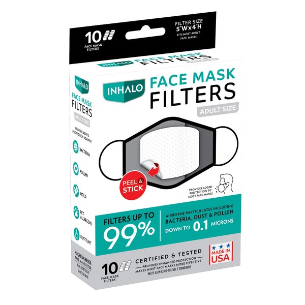 Inhalo Large Face Mask Filters, Made in USA, Provides Added Protection to Most Face Masks, (Pack of 10)