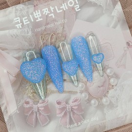 Sky Blue Sugar Handmade Nail Tips - Square S / 스카이블루 슈거 수제네일팁 - 스퀘어S