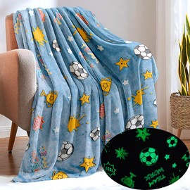 Sviuse Glow in The Dark Soccer Blanket Blue Sports Ball Throw Football Fans Gifts Soft Cozy Blankets for Boys Men Balls Decor for Kids Boys and Adults (Soccer, 50" X 60")