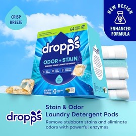 Dropps Cápsulas de detergente para ropa de manchas y olores, aroma limpio, mantiene la ropa fresca, previene ingredientes a base de plantas, 64 unidad