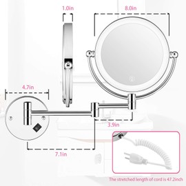 AMZNEVO Wall Mounted Lighted Makeup Mirror, 8 Inch Double-Sided 1X 5X Magnifying Mirror for Bathroom, 11'' Extendable Arm, 360° Swivel, Touch DimmableLED Lights, Powered by Plug in, Chrome