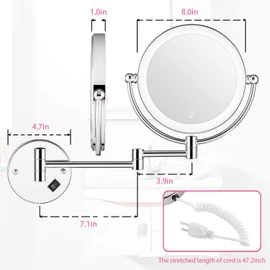 Wall Mounted Lighted Makeup Mirror, 8 Inch Double-Sided 1X 5X Magnifying Mirror for Bathroom, 11'' Extendable Arm, 360° Swivel, Touch DimmableLED Lights, Powered by Plug in, Chrome