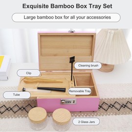 Yuehuam Large Bamboo Box with Combination Lock, Decorative Locking Box with Compartment, Removable Tray, Glass Jars and Accessories, Great Holidays Gifts