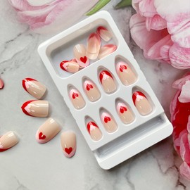 Valentines Day Fake Nails French Tip Press on Nails Round Head Almond False Nails with Heart Designs Cute Glue on Nails Glossy Full Cover Acrylic Nails Valentines Stick on Nails for Women Manicure