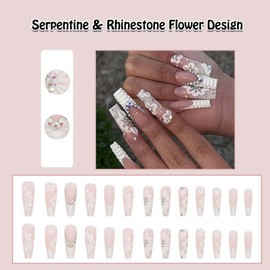 ANDGING French Tip Press on Nails Coffin Long White Fake Nails with Rhinestone Flower Design Petite fake nails for Women Girls Acrylic False Nails stick on nail Gel Manicure for Wedding 24Pcs