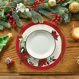 Artoid Mode Beige Leaves Poinsettia Round Placemats Set of 4, 14 Inch Christmas Round Table Mats for Dining Decoration