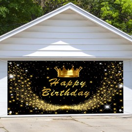 7X8ft Happy Birthday Garage Door Cover Background Golden Crown Black and Gold Giltter Shining Stars Boy Girl Kid Backdrop Happy Birthday Party Decoration Outdoor Indoor Banner Cover