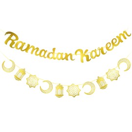 Ramadan Decoration, Garland as Decoration for Ramadan, Ramadan Kareem Banner, Gold Glittering Banner and Moon Stars Lantern Garland Decorative, EID Mubarak Decoration for Eid Festival Party Decoration